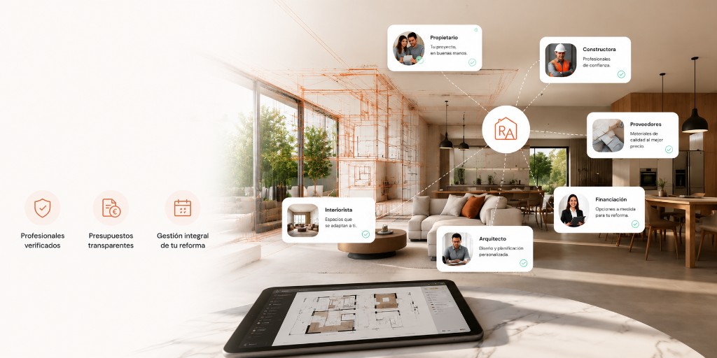Ecosistema ReformAI Homes: propietario, constructora, arquitecto, interiorista, proveedores y financiación conectados